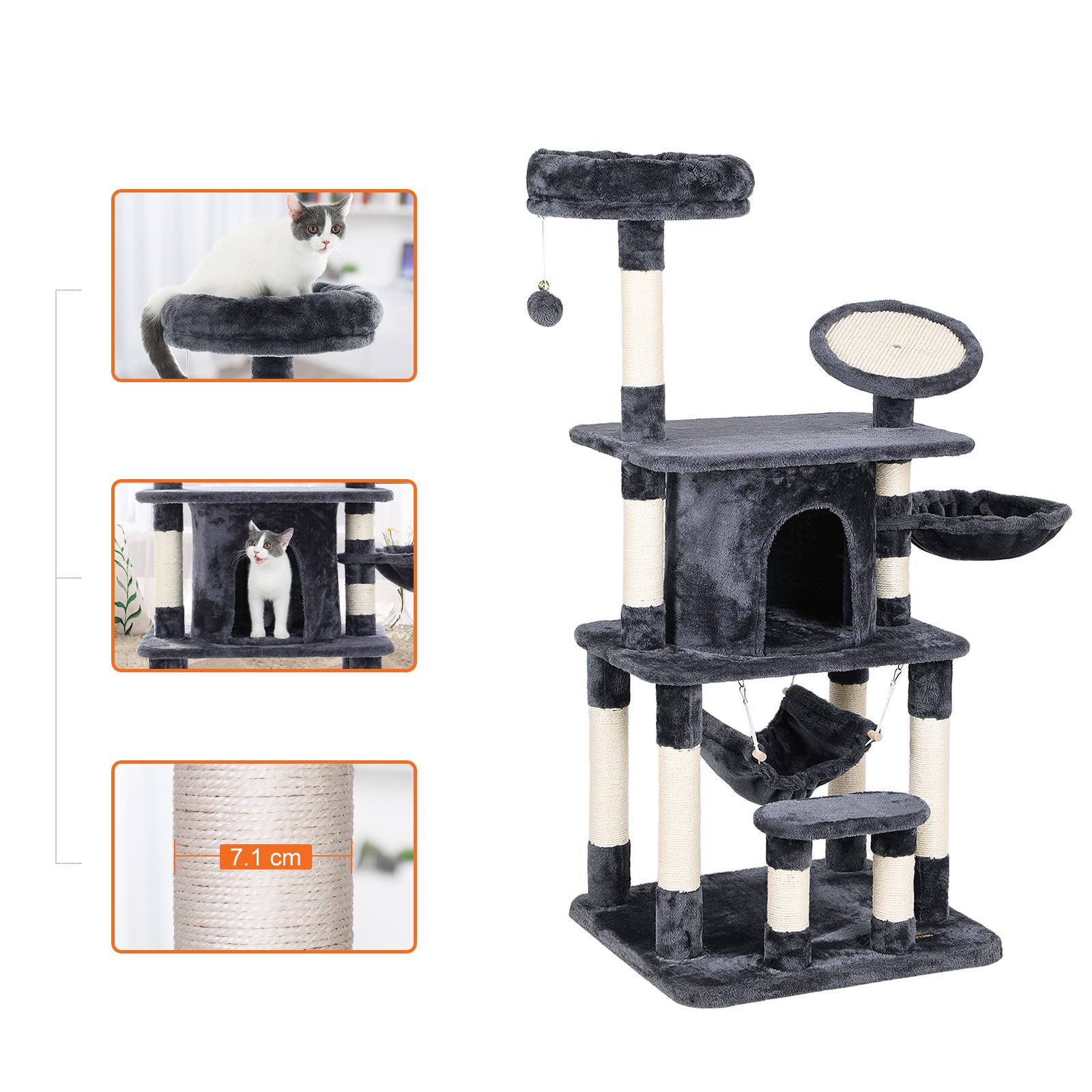 FEANDREA Multi-Level Cat Tree | 145cm Cat Tower with Sisal Scratching Pad