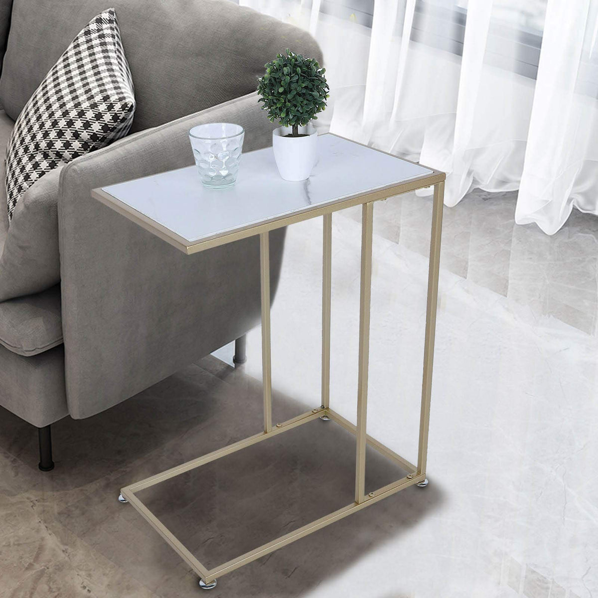 C Shaped Side Table, Sofa End Table with Gold Metal Frame Coffee Snack Table Laptop Holder Table Bedside Table Modern Open Type Under Bed Table Care - image 4