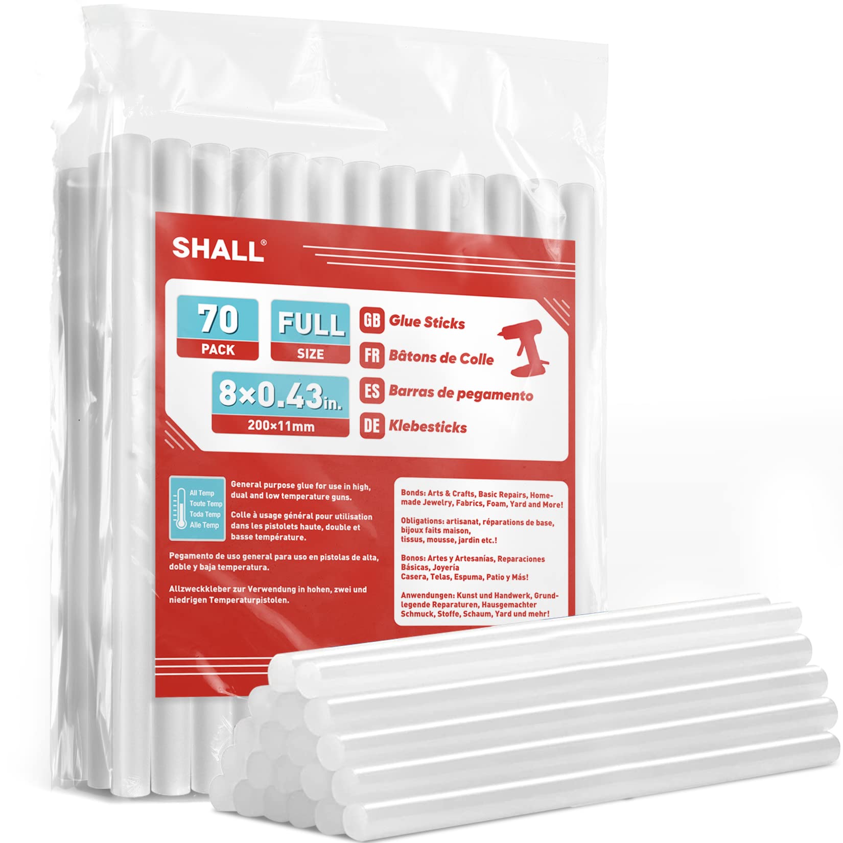 SHALL Clear Hot Glue Sticks - 70-Pack Full Size All-Temp Adhesive