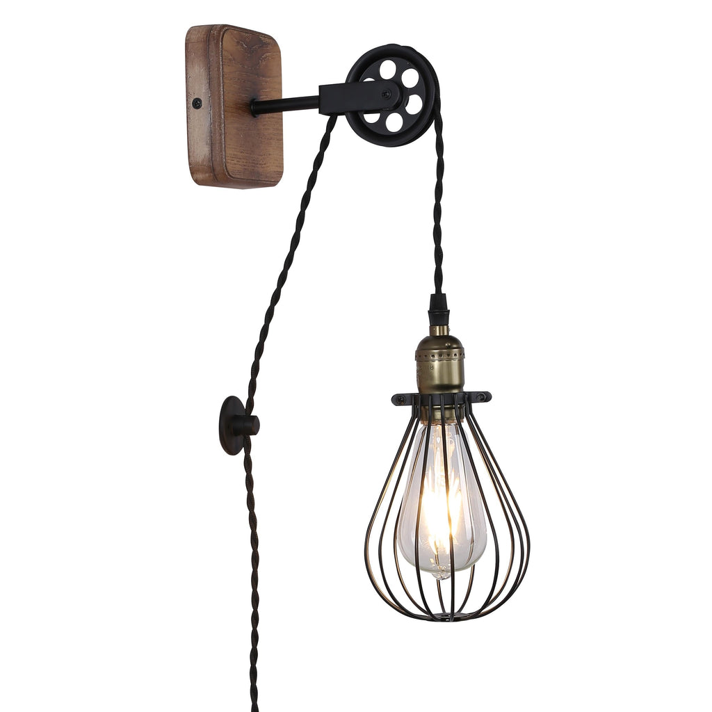 SUNLLOK Industrial Pulley Wall Lamp – Vintage Plug-in Cage Sconce (Black)