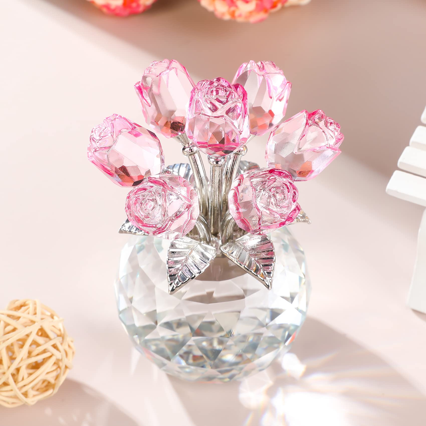 Crystal Pink Rose Bouquet Figurine with Round Glass Vase