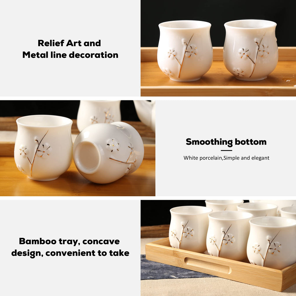 Dujust Japanese White Porcelain Tea Set with Teapot, 6 Cups & Tray