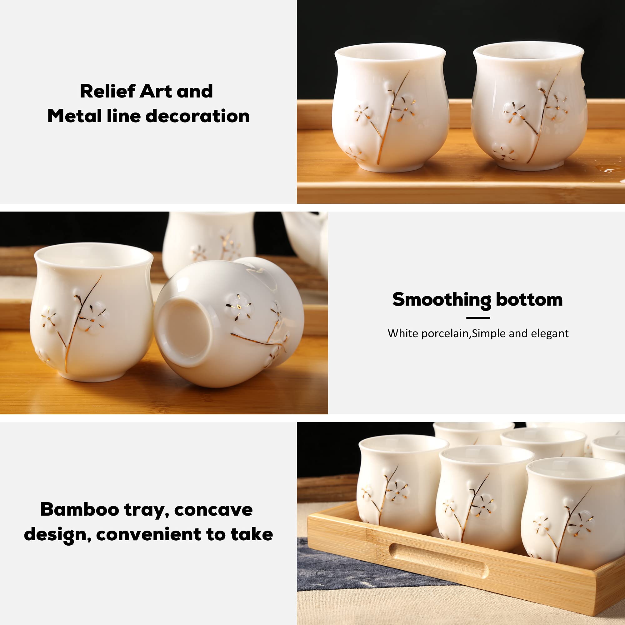 Dujust Japanese White Porcelain Tea Set with Teapot, 6 Cups & Tray