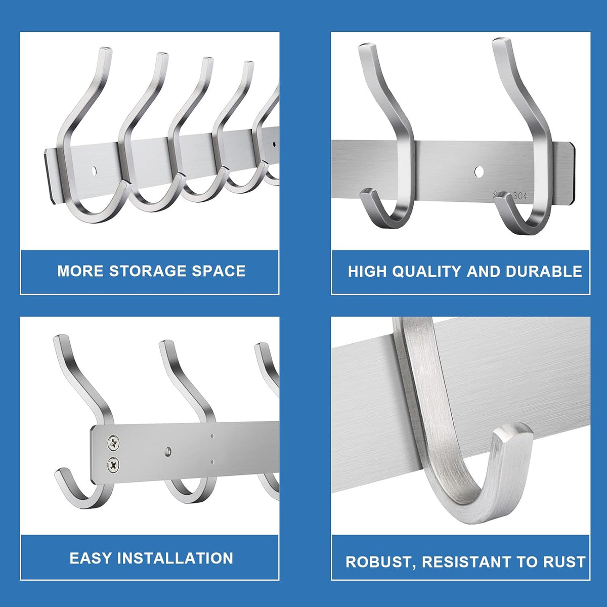 MEIJO Coat Hooks Wall Mounted, Coat Rack Wall Mounted Stainless Steel with 8 Hooks Heavy Duty Coat Hooks for Door, Bedroom, Bathroom, Kitchen - image 4