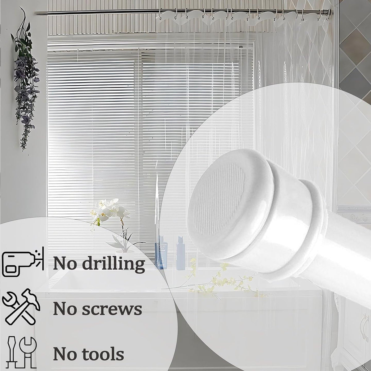 Shower Curtain Pole White No Drill Curtain Pole Extendable For Windows Shower Wardrobe White 183-250CM - image 4