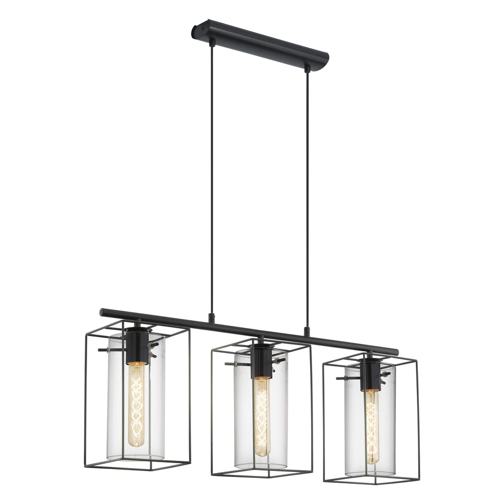 Eglo Loncino 3-Flame Vintage Pendant Lamp | Black Steel & Tinted Glass