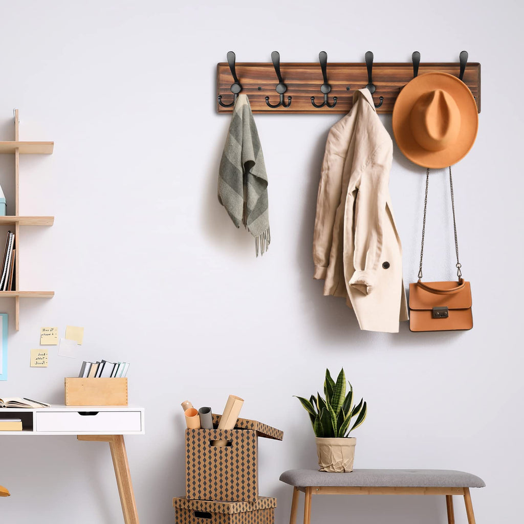 PHINGEER Wall Mounted Coat Rack – 6 Triple Hooks Heavy Duty Pine Wood