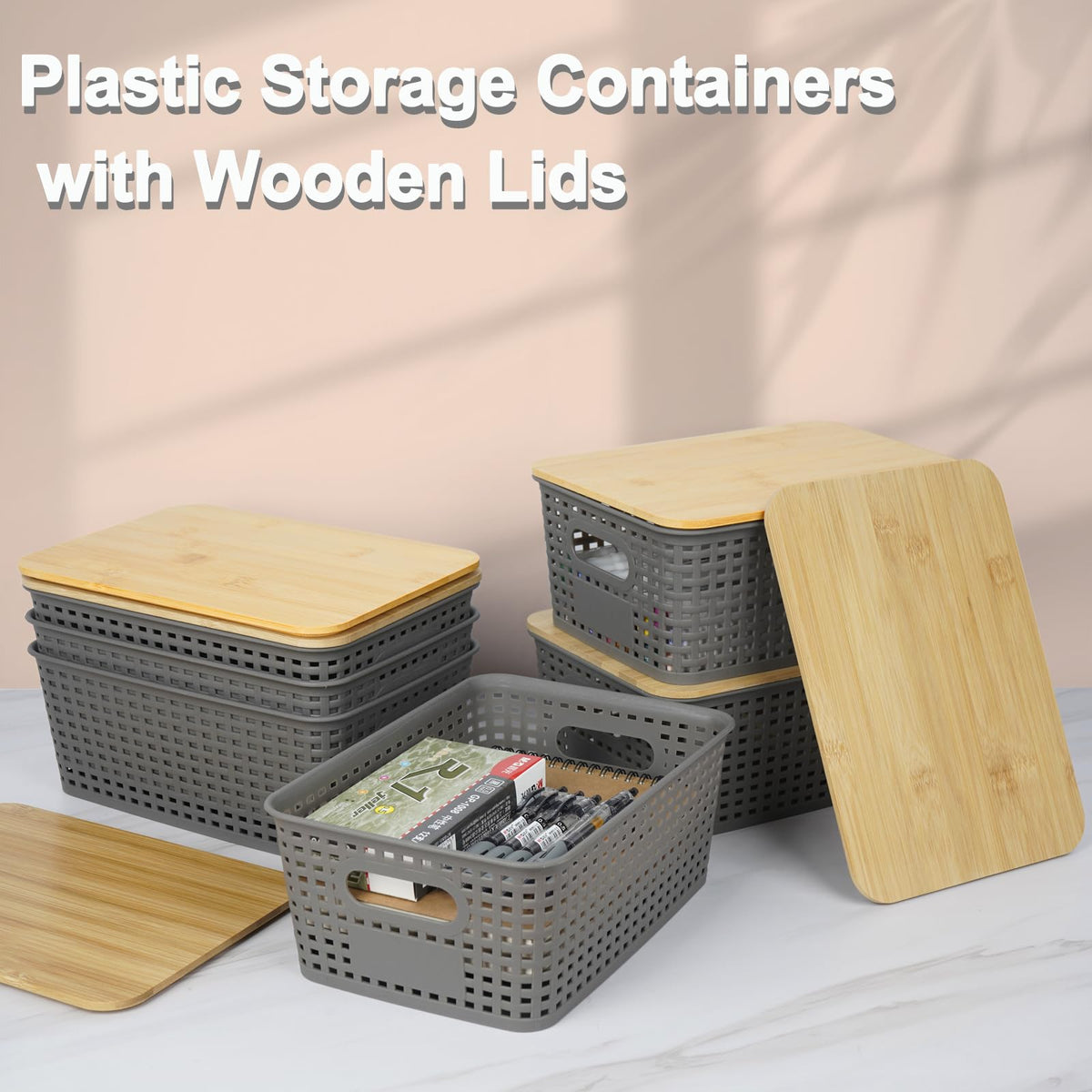 UHAPEER 6 Pack Stackable Plastic Storage Baskets with Bamboo Lid - image 4