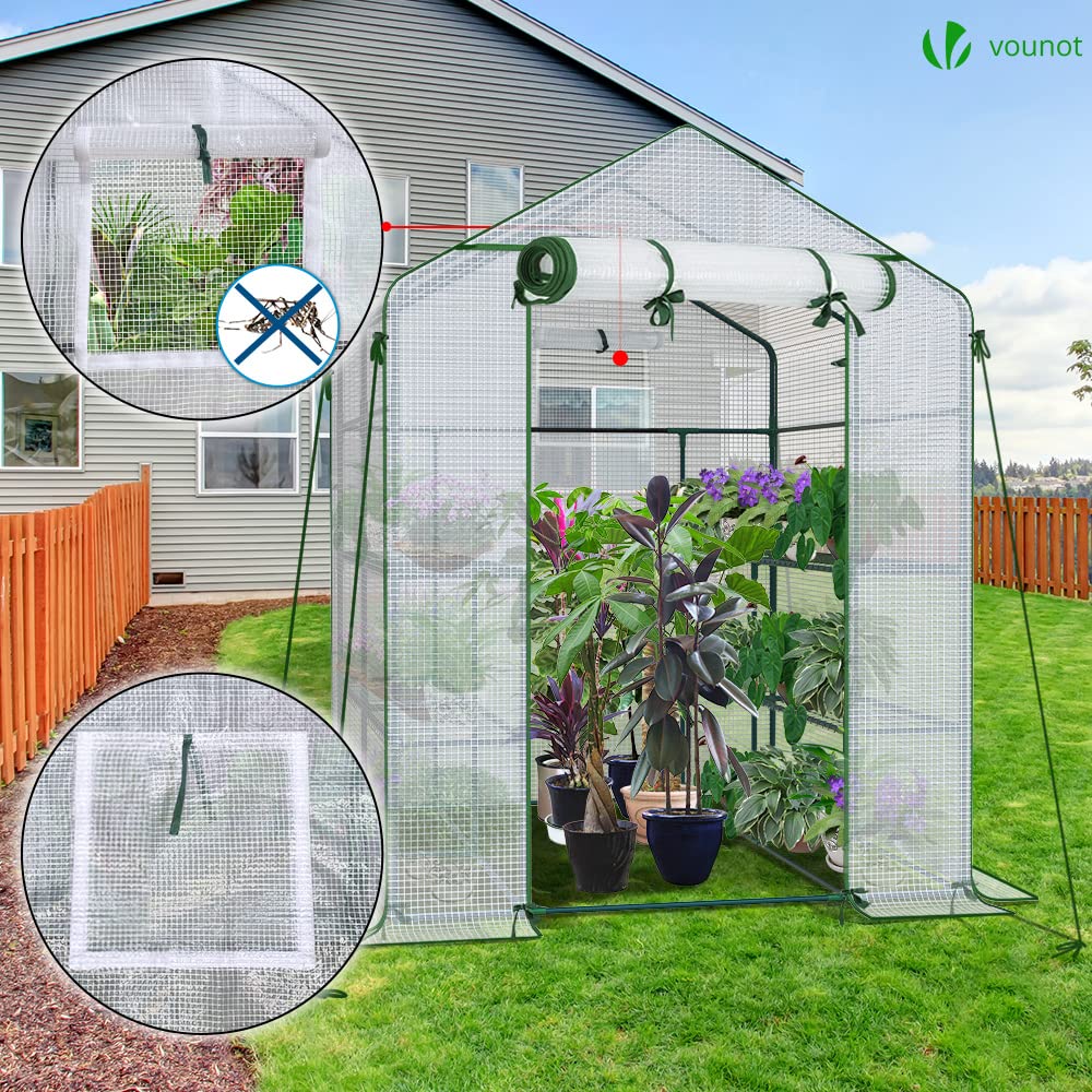 VOUNOT Walk-In Greenhouse with 8 Shelves | White PE Grow House – 143x195cm