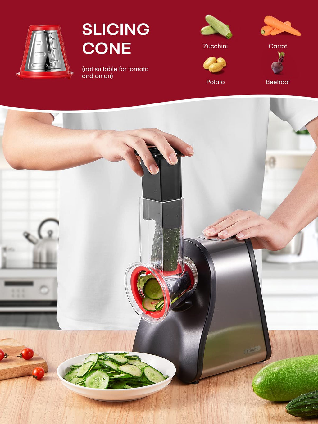FOHERE 4-in-1 Electric Vegetable Grater & Salad Maker – 150W Motor
