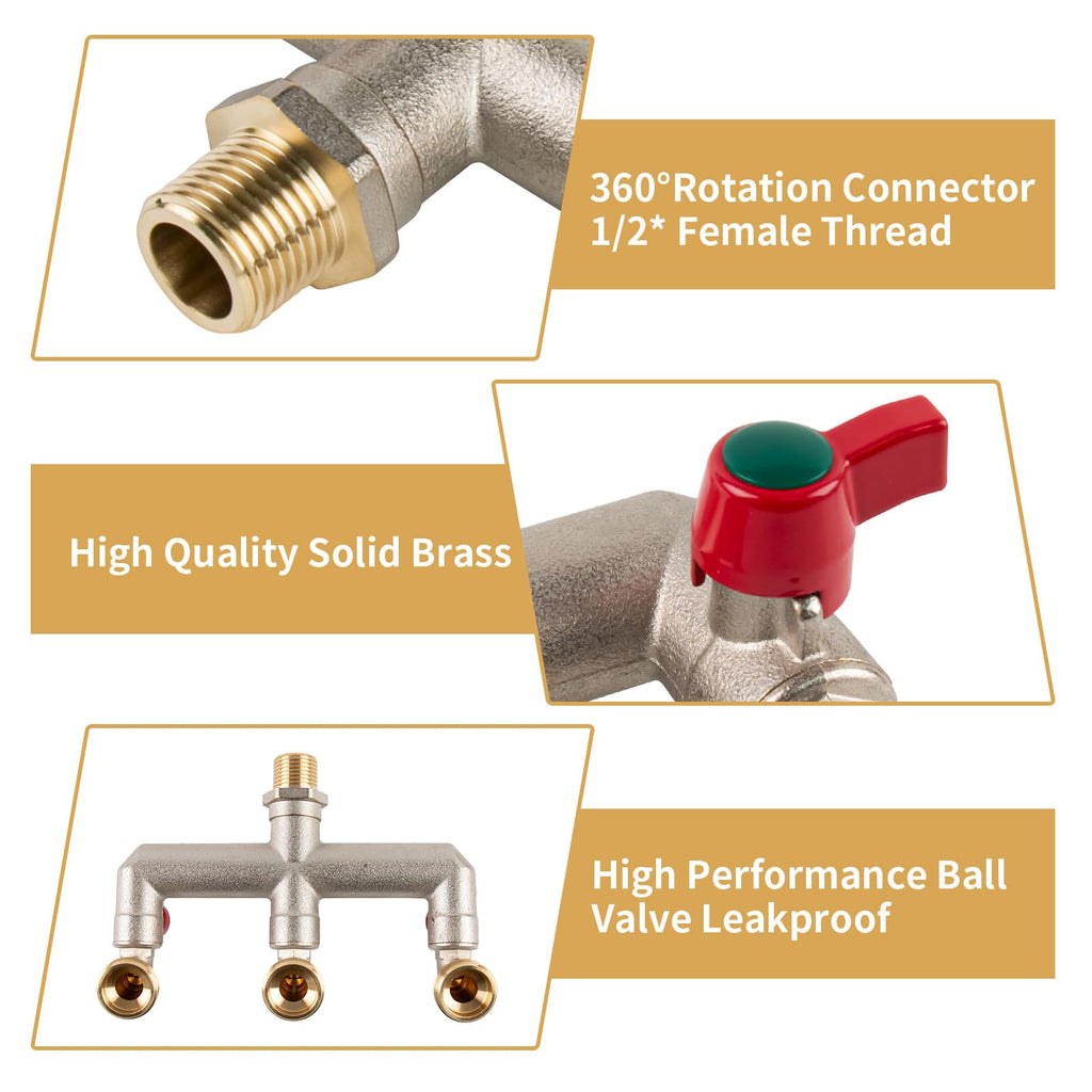Tesmotor 3-Way Brass Outdoor Water Tap – 1/2" Inlet to 3/4" Triple Outlet