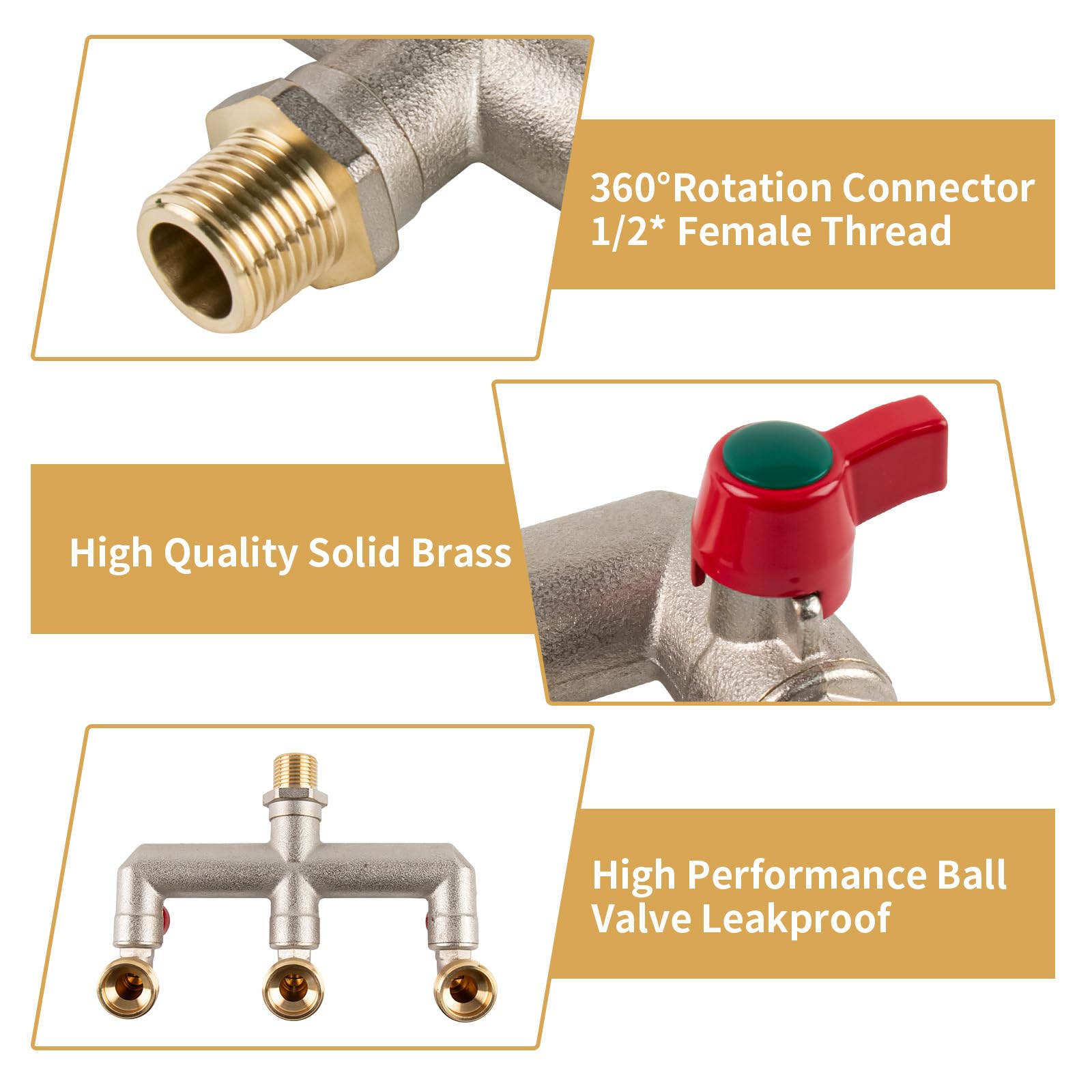 Tesmotor 3-Way Brass Outdoor Water Tap – 1/2" Inlet to 3/4" Triple Outlet