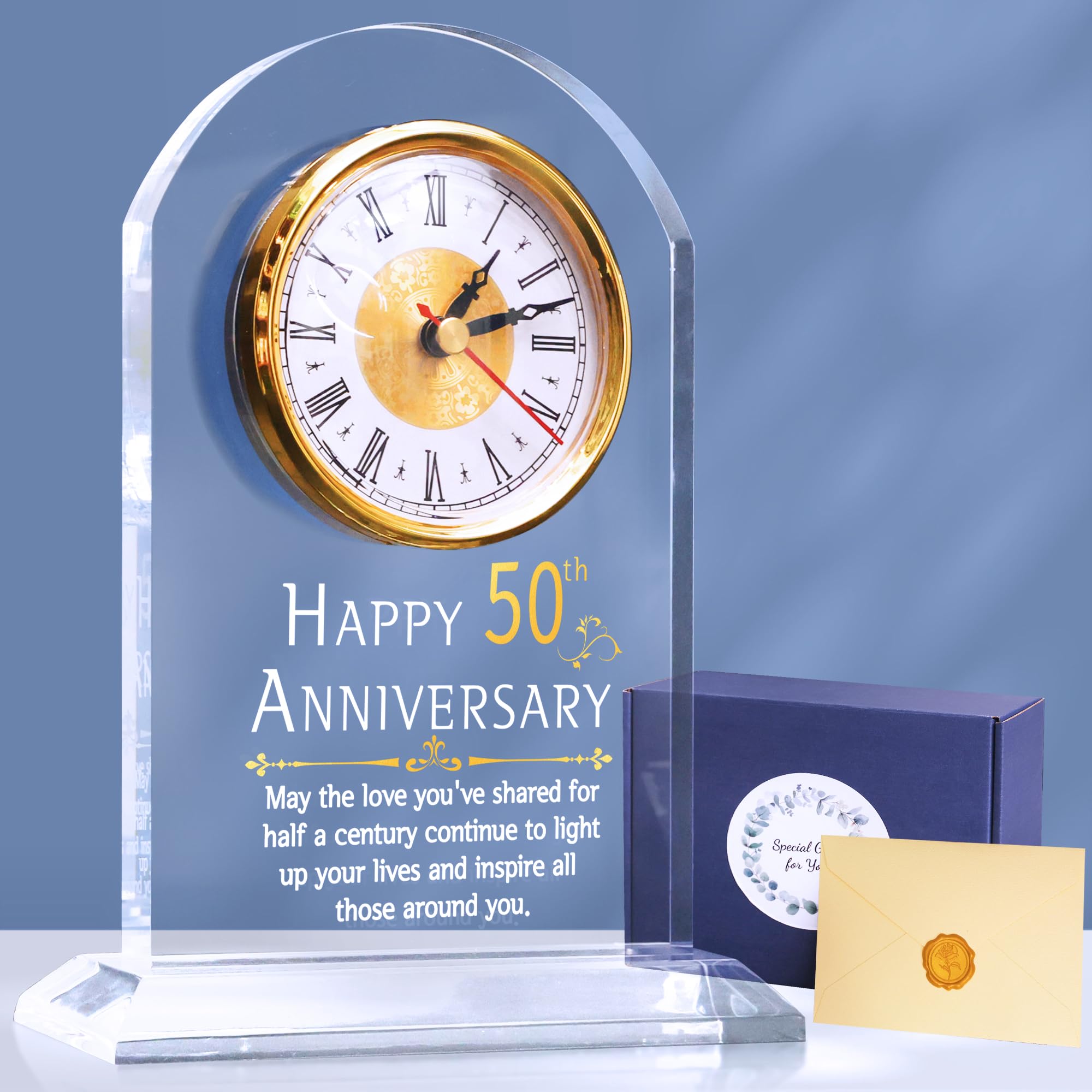 OkiyiD 50th Anniversary Quartz Clock | Golden Acrylic Desk Table Gift