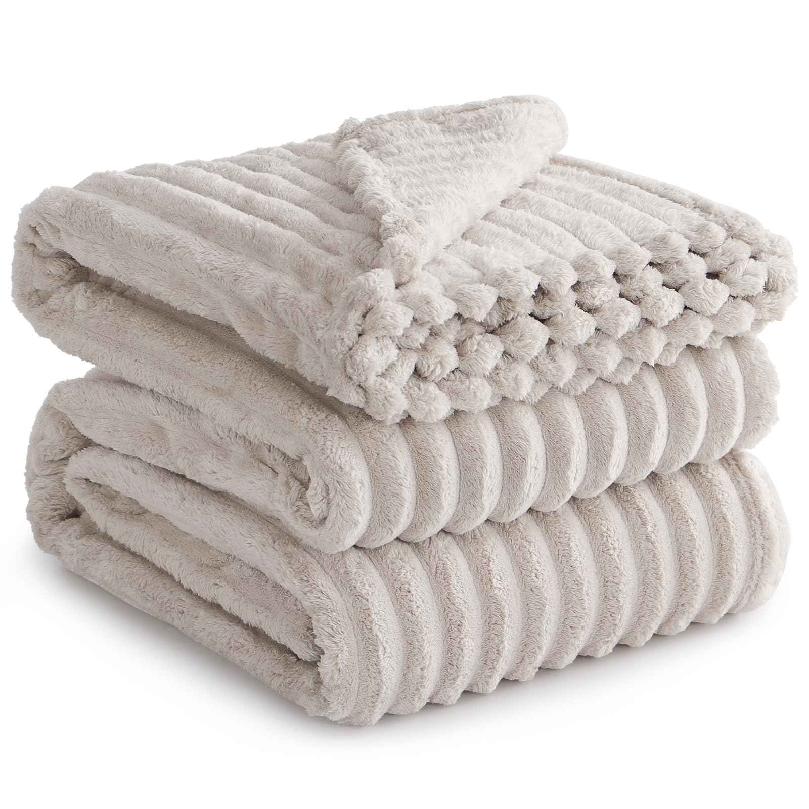 RUIKASI Fleece Throw Blanket – King Size Ribbed Beige Sofa Blanket