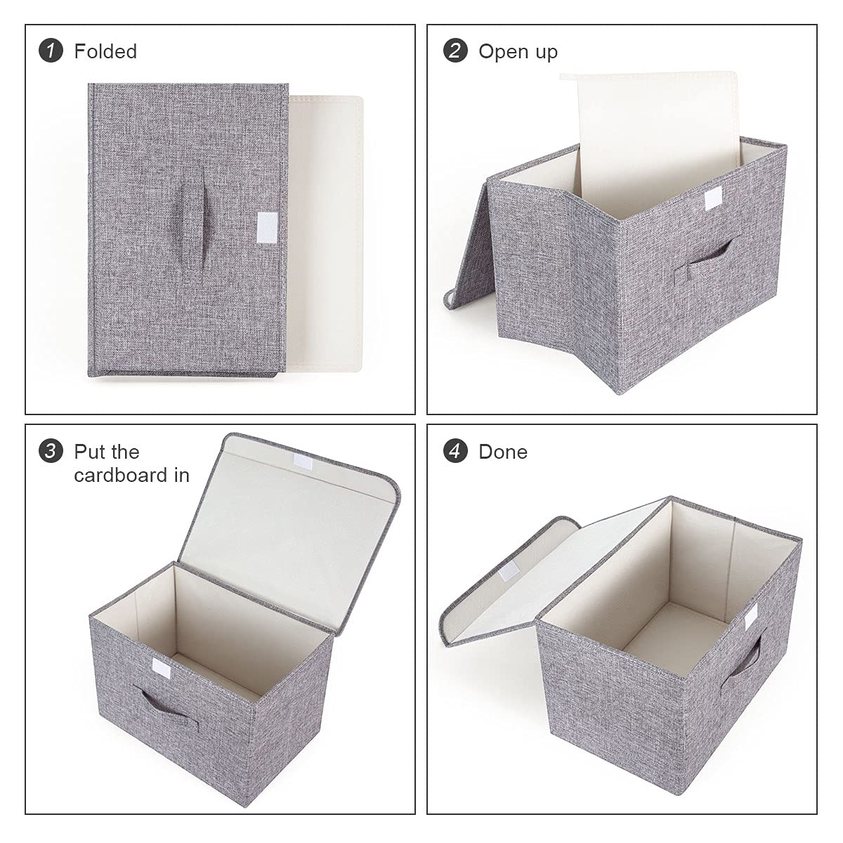 Booxihome 3Pcs Fabric Storage Boxes With Lids For Wardrobe Clothes Toy Foldable Linen 37 * 24 * 25cm Grey