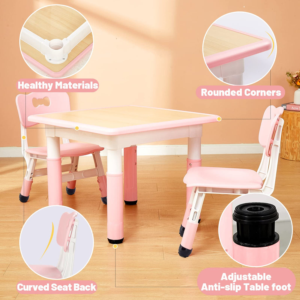 FUNLIO Height Adjustable Kids Table and 2 Chairs Set | Ages 3-8 | Pink