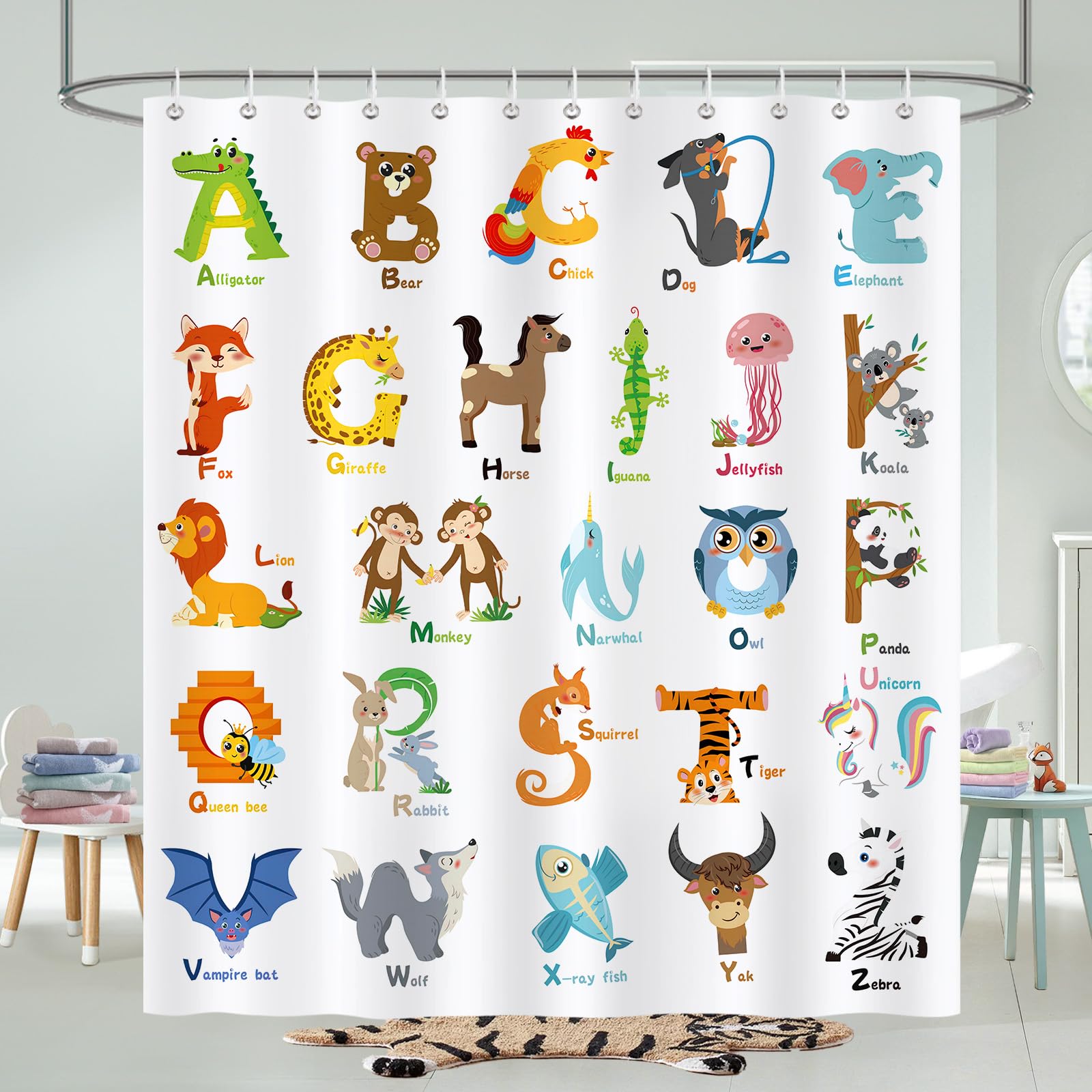 COZZSNUGE Kids ABC Shower Curtain | Animal Alphabet Educational Decor