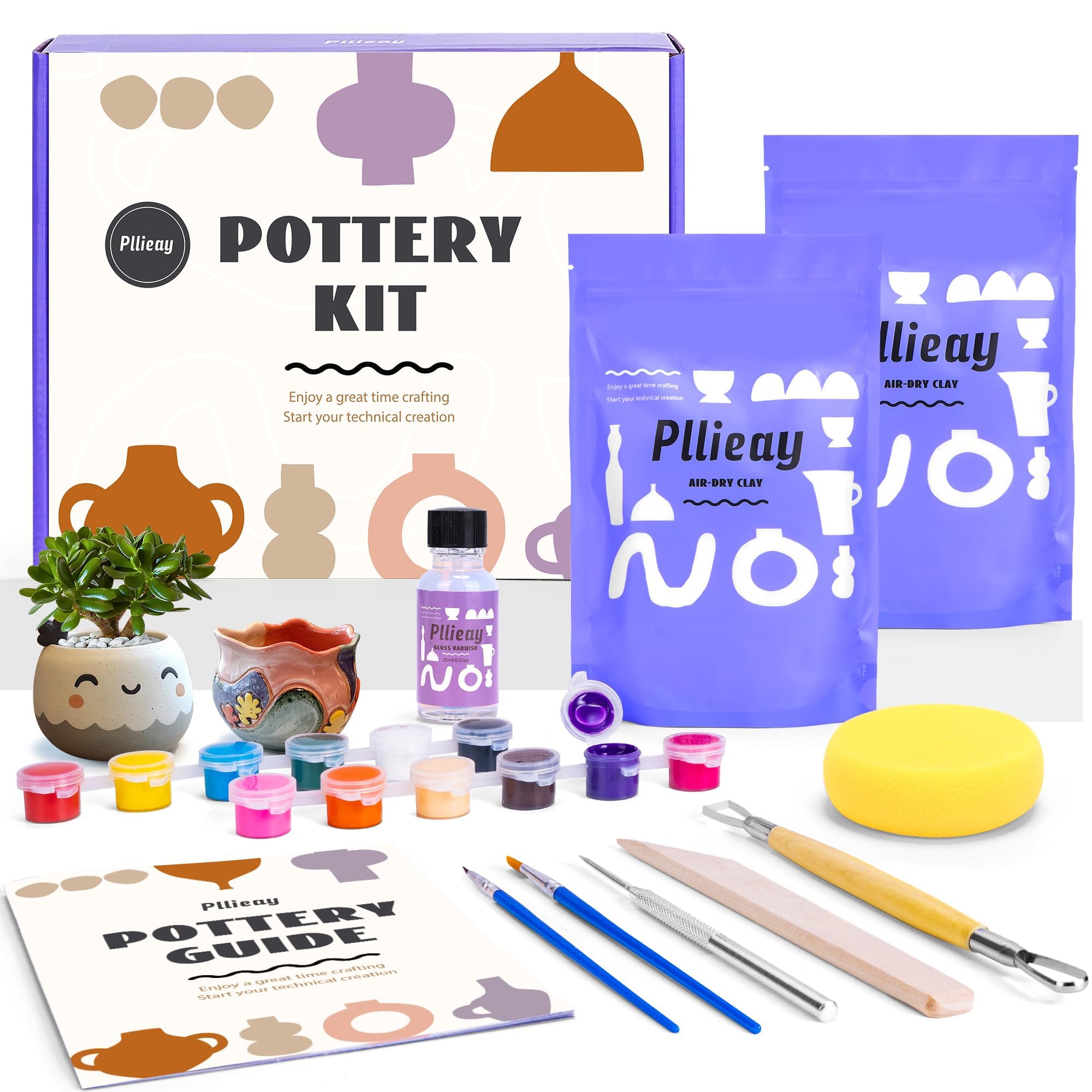 Pllieay Air Dry Clay Pottery Kit for Adults – 1kg Clay & Painting Set