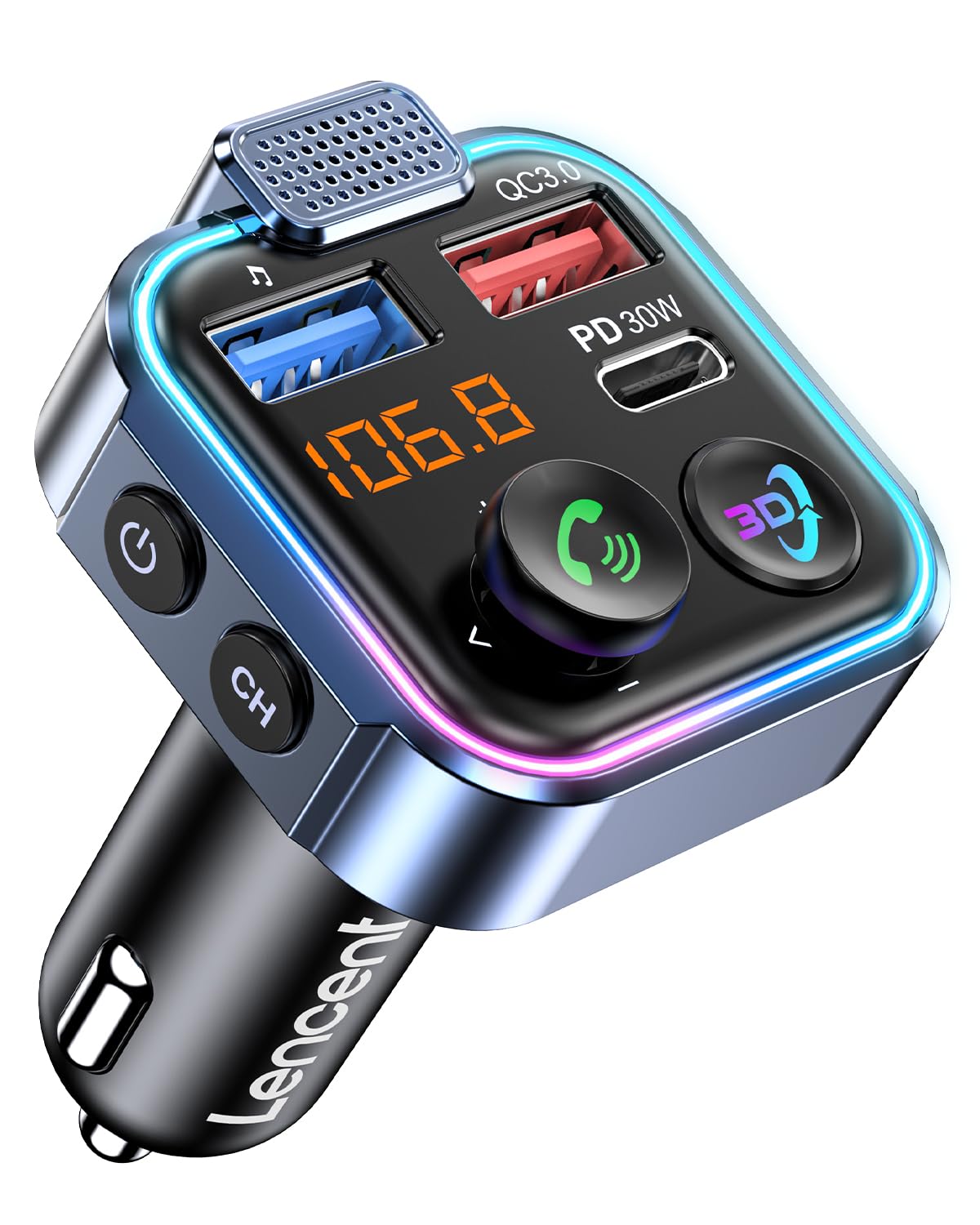 LENCENT Bluetooth 5.3 FM Transmitter | 30W PD & QC3.0 Fast Car Charger