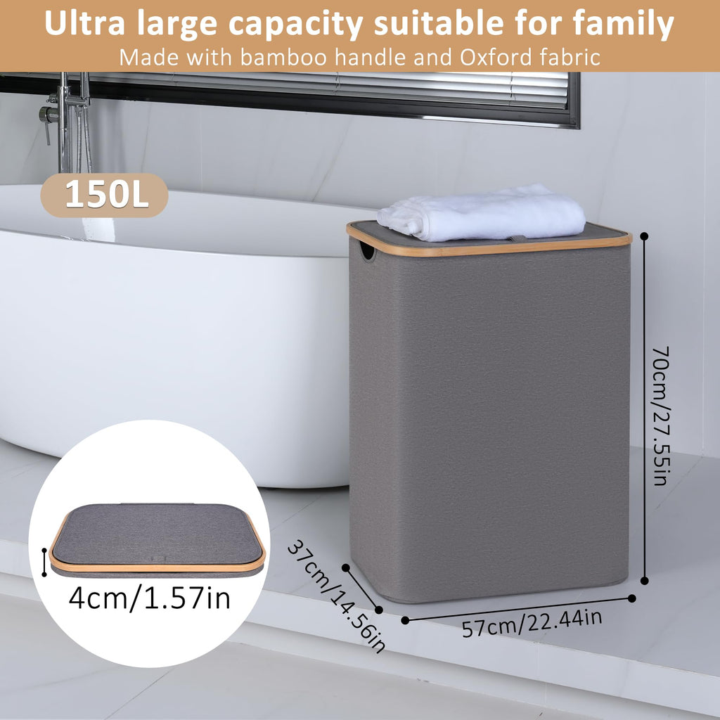 iEGrow 150L Double Laundry Basket – Foldable Hamper with Lid and Bamboo Handle