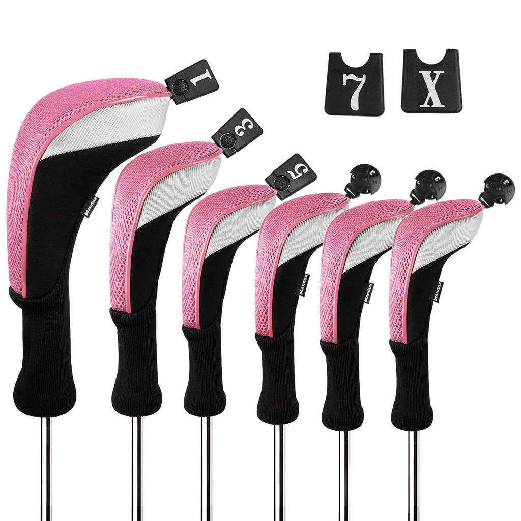 Andux 6-Piece Golf Club Head Covers Set - Driver, Wood, Hybrid - Black/Pink