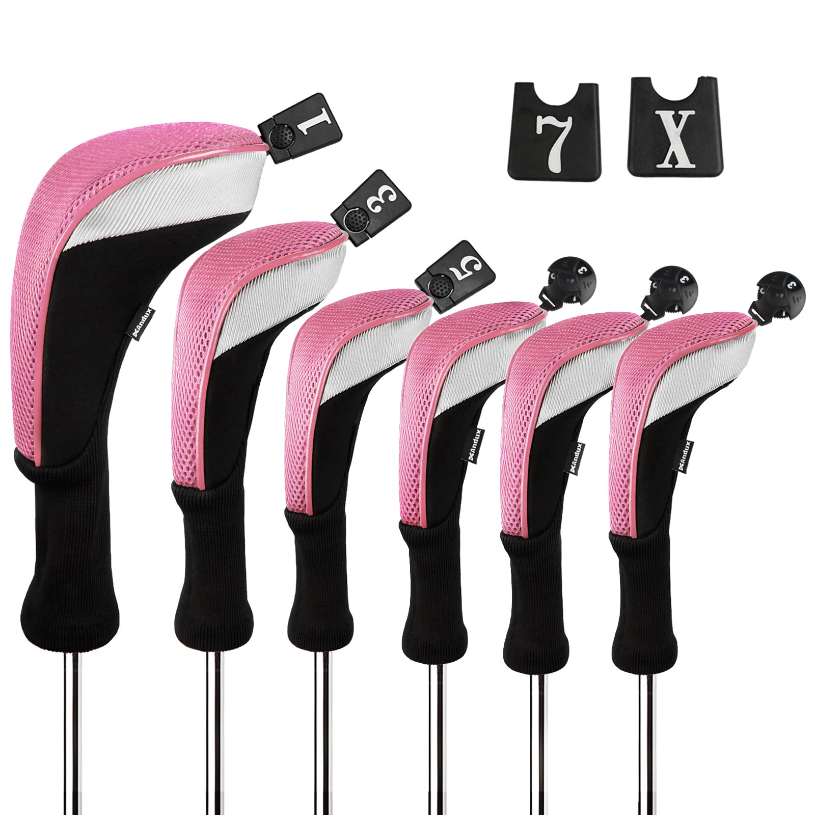 Andux 6-Piece Golf Club Head Covers Set - Driver, Wood, Hybrid - Black/Pink