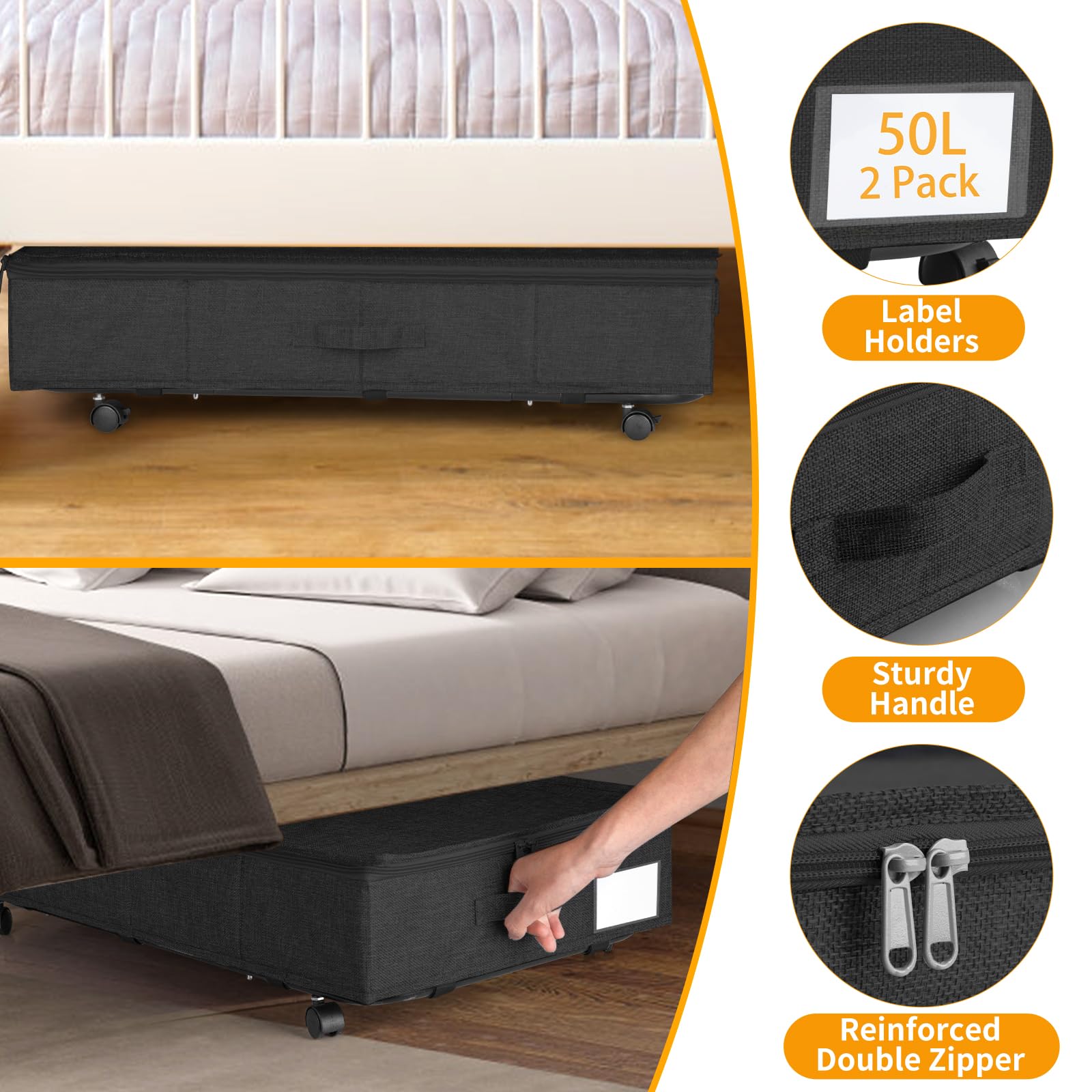 JUPELI Under Bed Storage with Wheels | Metal Support Rolling Organizer