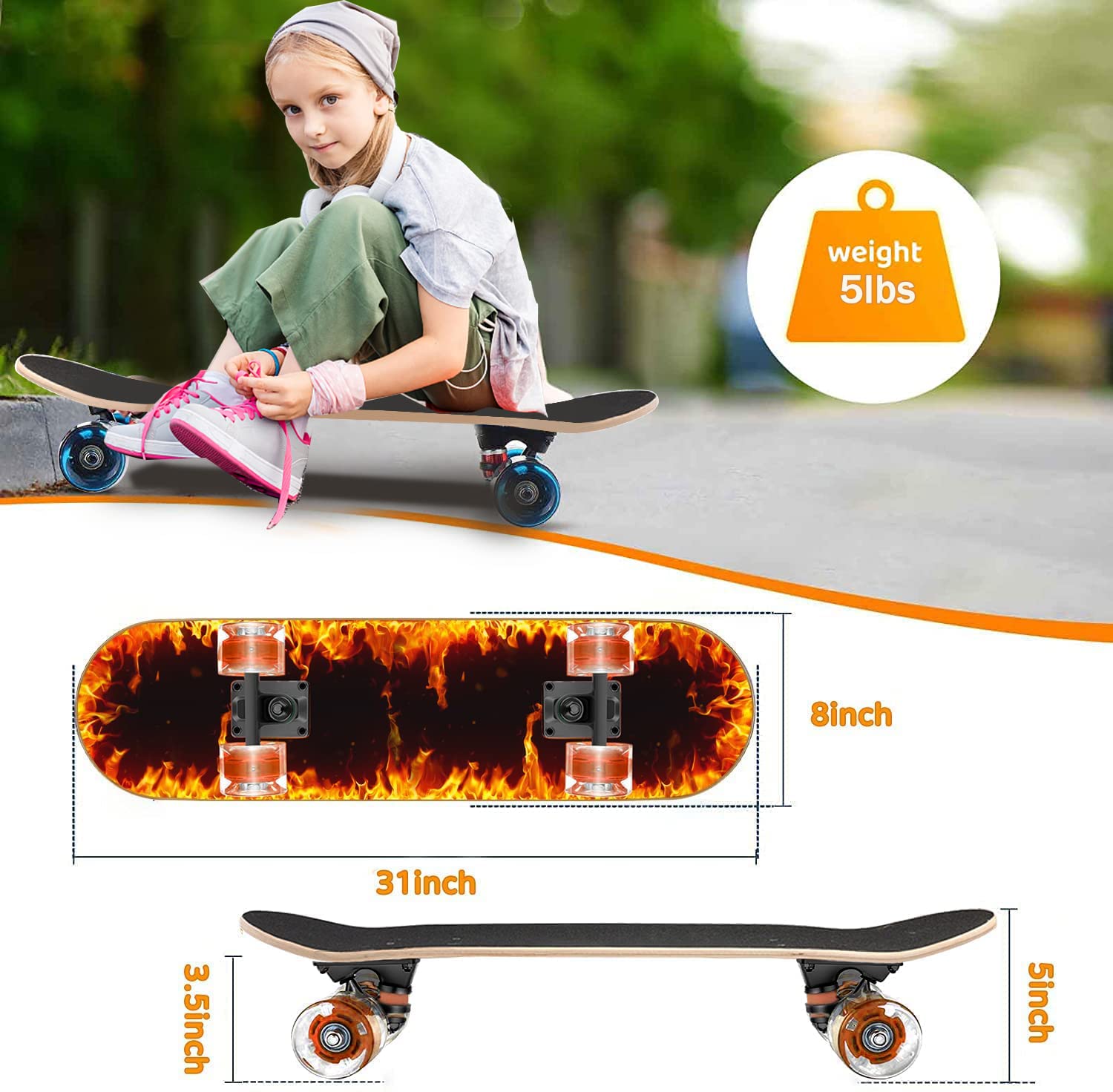 GIEEU Complete Skateboard – 31x8 Inch 9-Layer Maple with Flashing Wheels