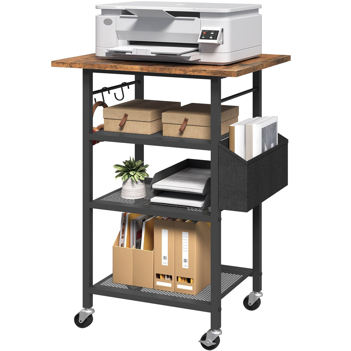 MAHANCRIS 4-Tier Printer Stand, Rolling Printer Table on Wheels, Industrial Storage Stand with Side Pocket, Wooden Tabletop - image 1