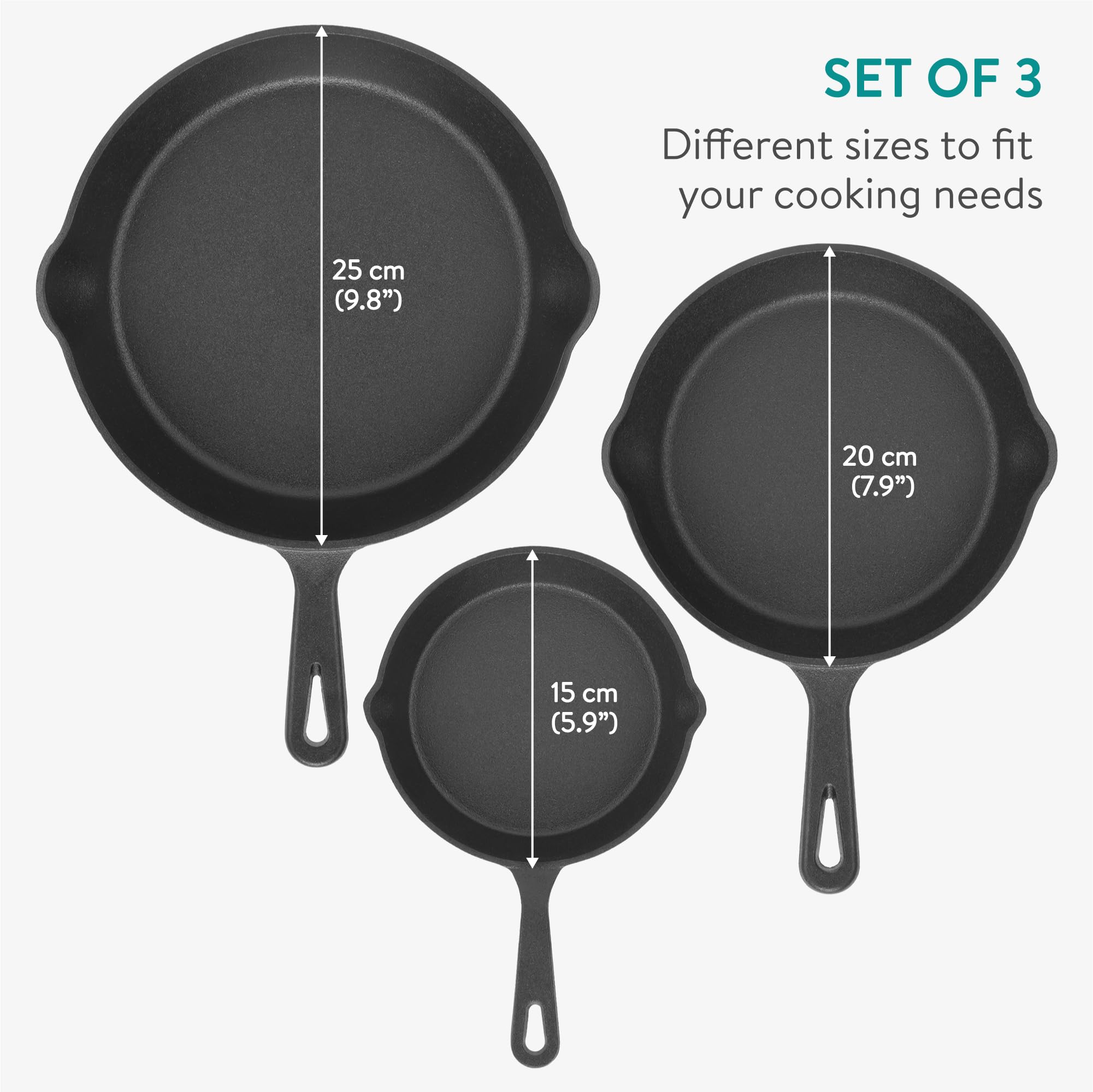 Navaris Cast Iron Skillet Set – 3 Piece Durable Frying Pan Set