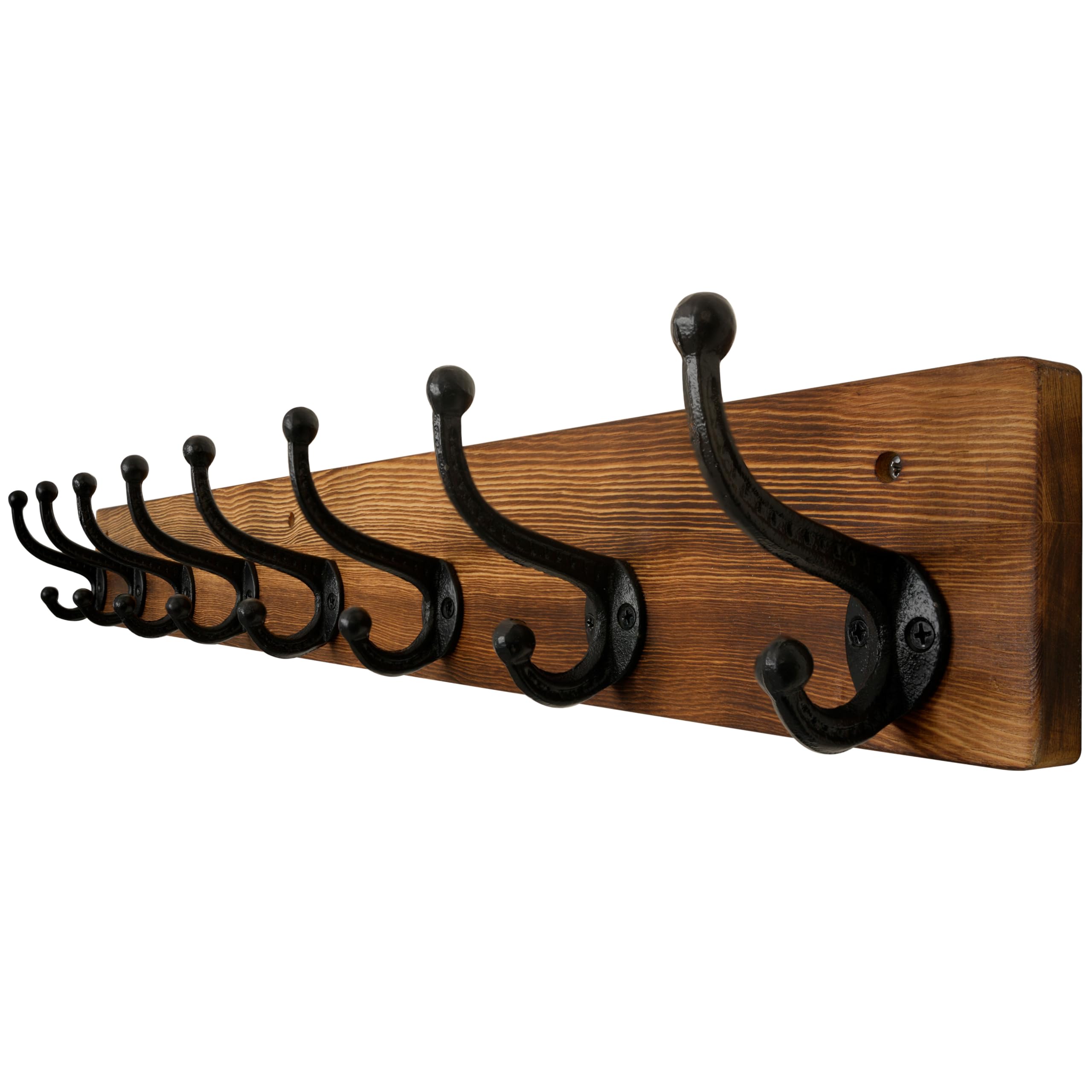 WEBI Rustic Wall Mount Coat Rack – 8 Cast Iron Hooks, Solid Wood, Brown