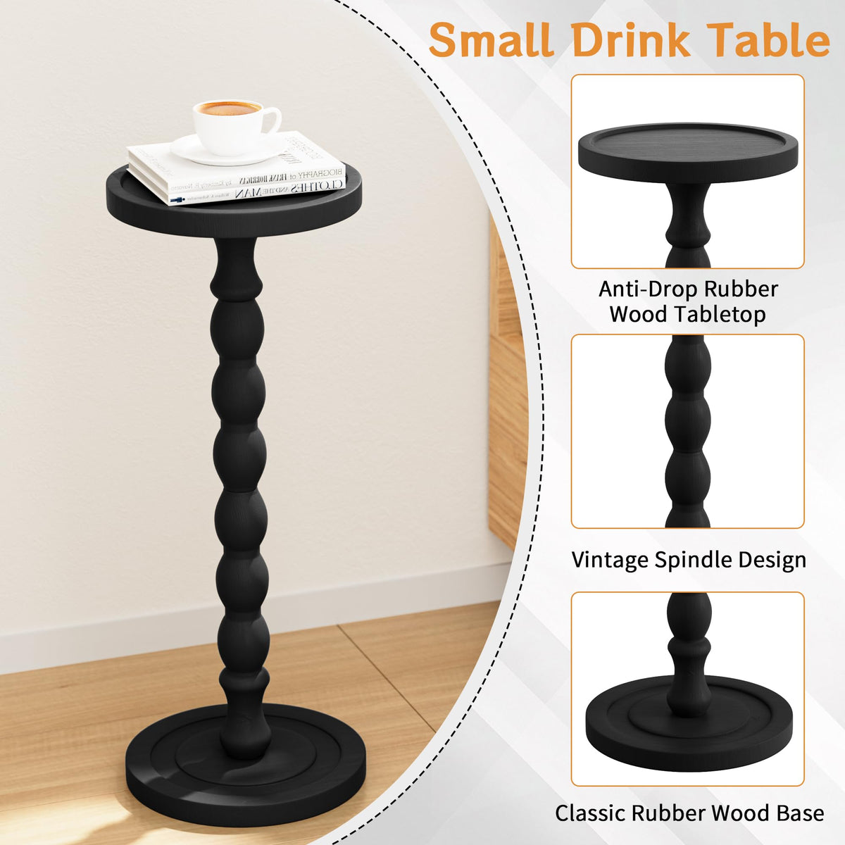 Caossuixin Wooden Round Side Table, Round Bar Table, Small End Table-Black - image 2