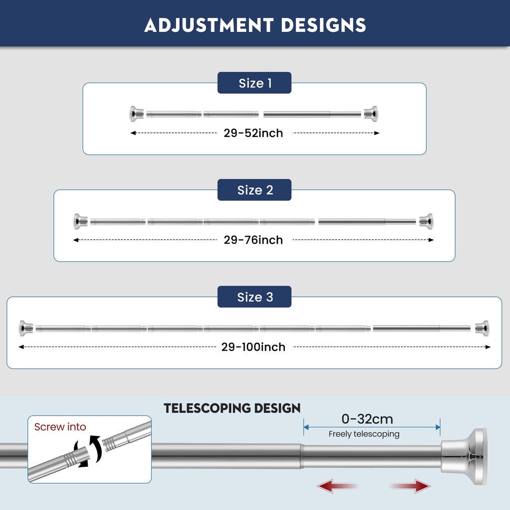 Silver Shower Curtain Pole, No Drilling No Rust Shower Curtain Rail 72cm to 195cm - image 3