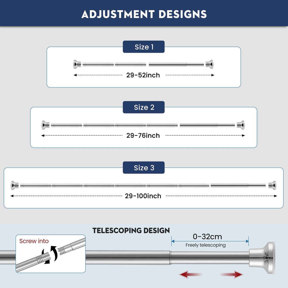 Silver Shower Curtain Pole, No Drilling No Rust Shower Curtain Rail 72cm to 195cm - image 3