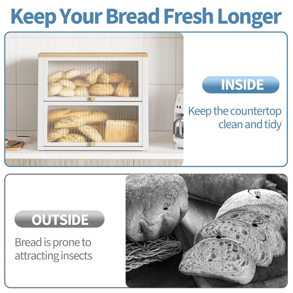 Urackify Large 2-Layer White Bread Bin with Striped Window & Wood Handle