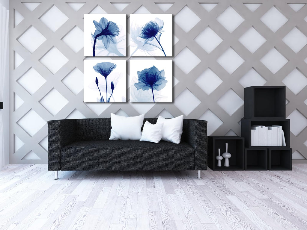 Blue Floral Canvas Wall Art – 4 Panel Abstract Flower Prints