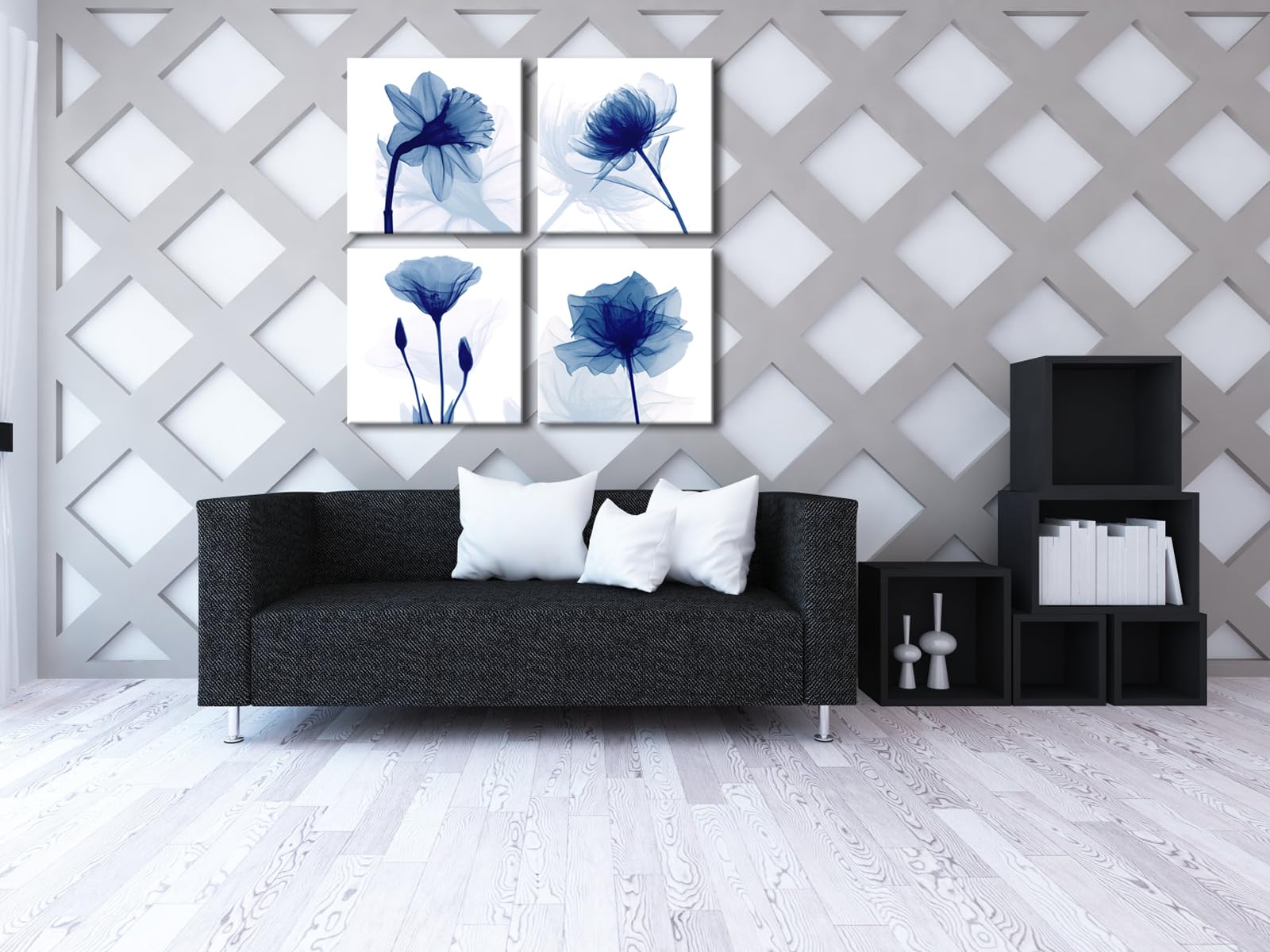 Blue Floral Canvas Wall Art – 4 Panel Abstract Flower Prints