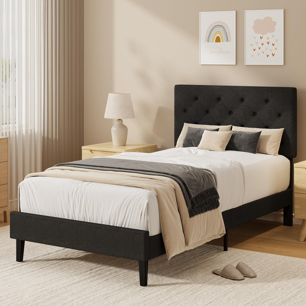HOMBCK Single Bed Frame, 90 x 190 cm, with Adjustable Upholstered Headboard, Heavy Duty 256kg Weight Capacity, Easy Assembly, No Box Spring Needed - image 1