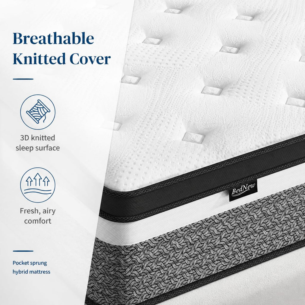 Bednew Hybrid Mattress, Single-Size 32cm 3FT, Medium Firm, Memory Foam & Individually Pocket Spring for Pain Relief, Mattress in a Box - image 4