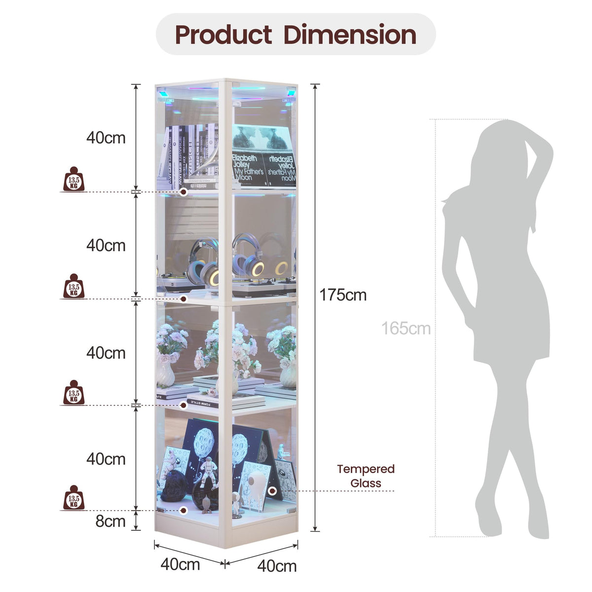 FREDEES Glass Display Cabinet with RGB Lights, 175CM, White - image 2