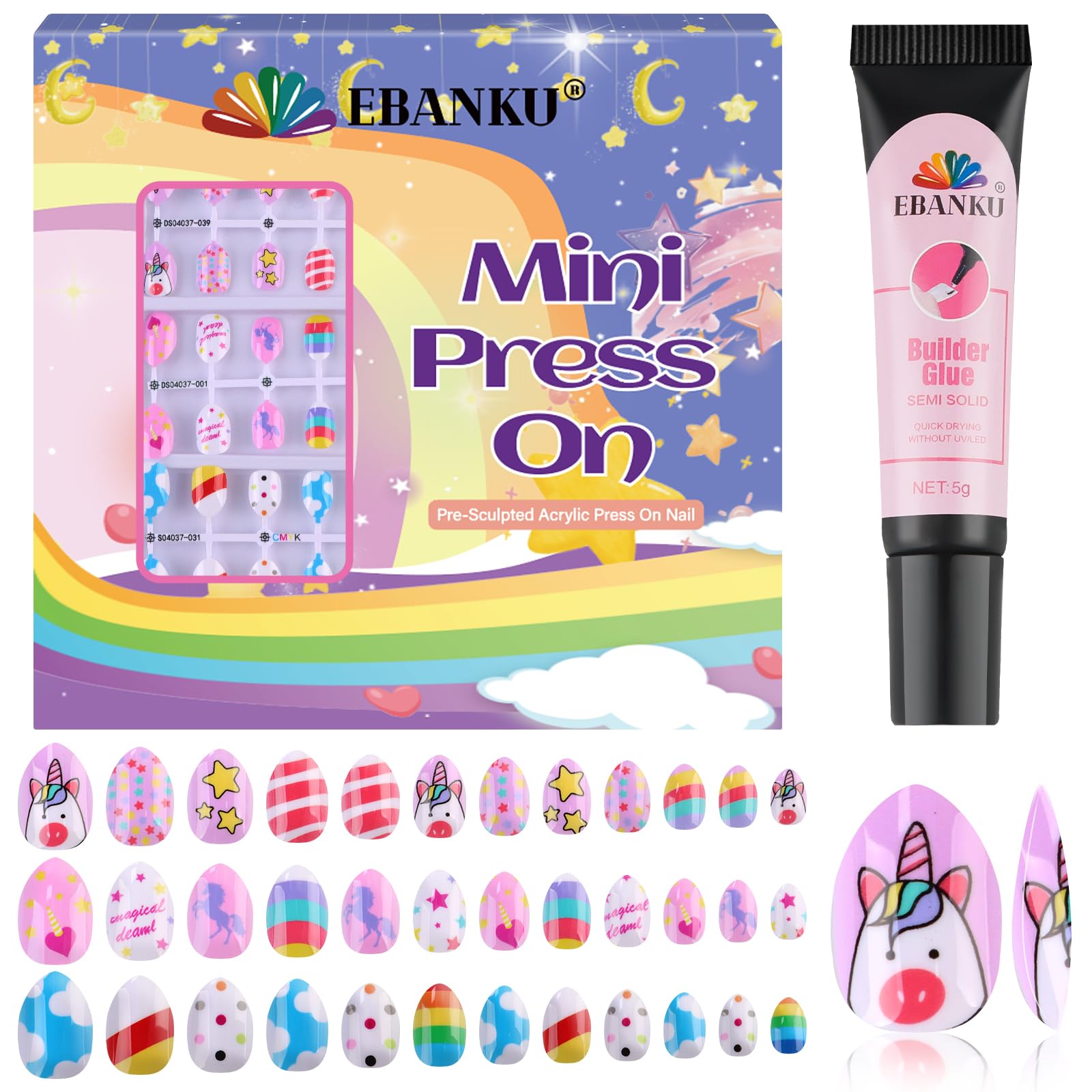 EBANKU Kids Press on Nails – 72Pcs Almond Fake Nails Kit with Cute Patterns