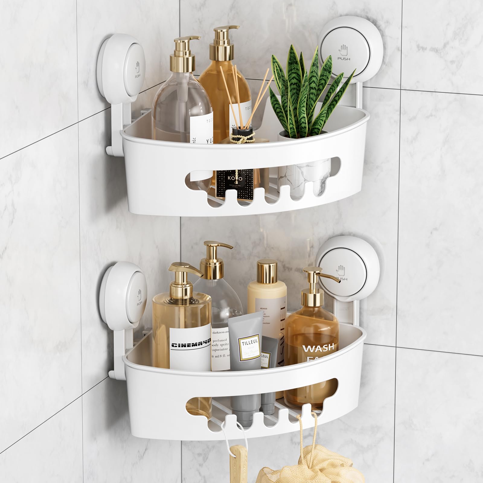 LEVERLOC Corner Shower Caddy Suction Cup - 2 Pack Rust Free White Shelf