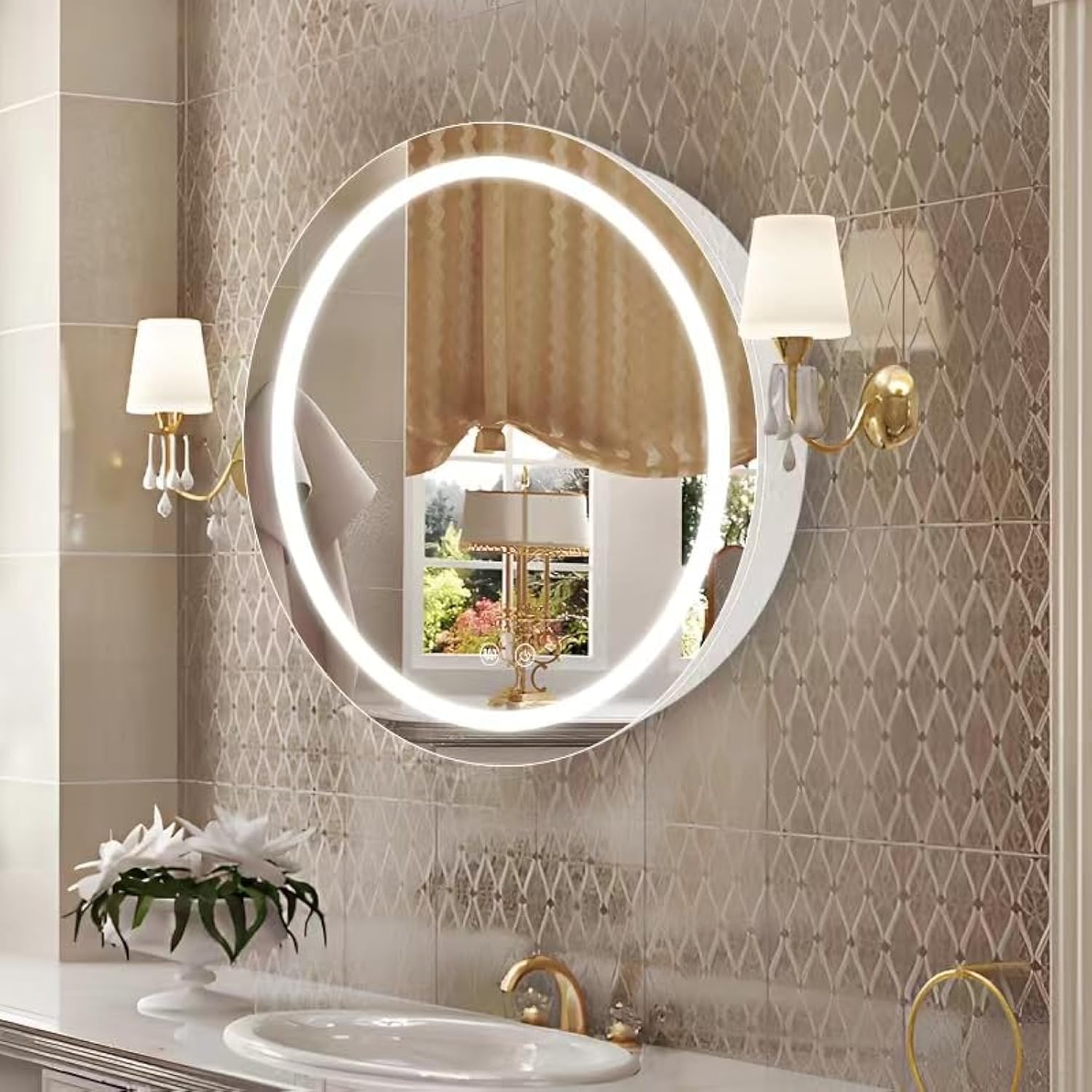 Janboe 26" Round LED Medicine Cabinet with Defogger & Dimmer, White