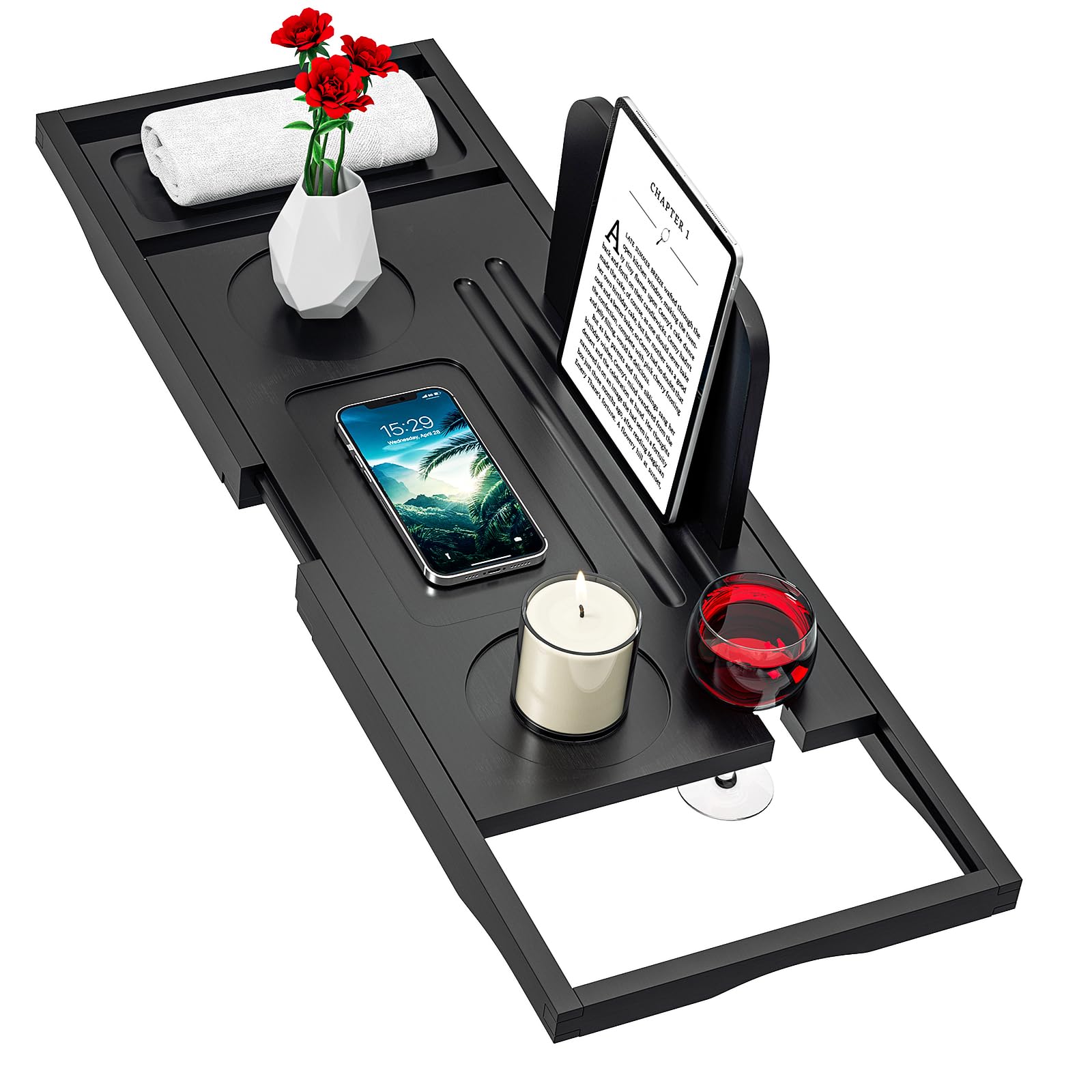Bamboo Bathtub Caddy Tray – Expandable Bath Organizer, Black
