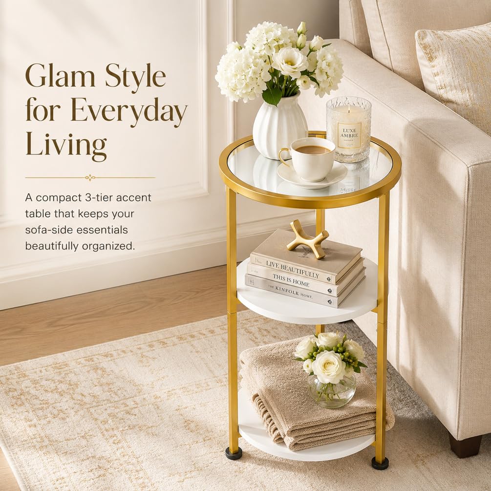ZEXVIDA 3-Tier Tempered Glass Side Table, White & Gold - image 2