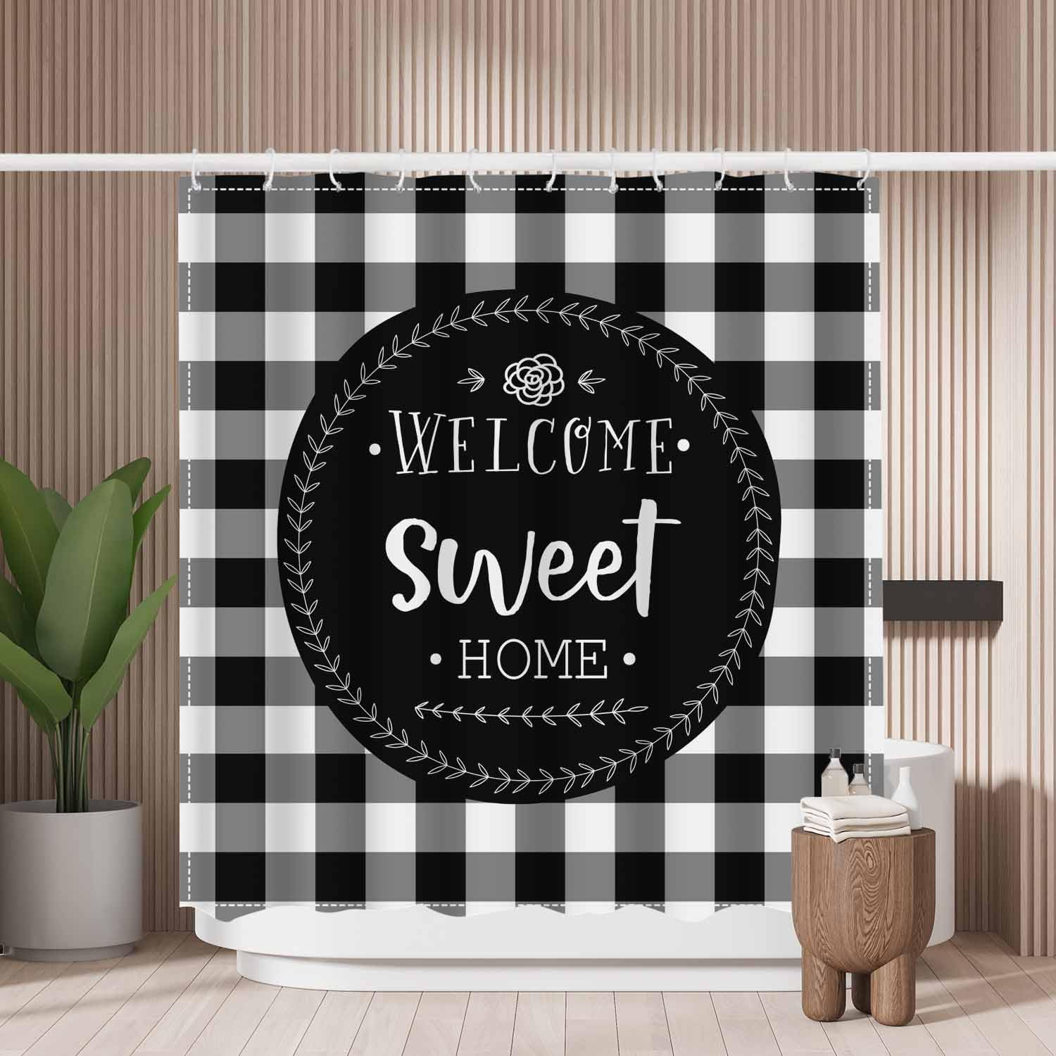 Woutay Mold Resistant Shower Curtain | Gray White Grid Polyester Fabric