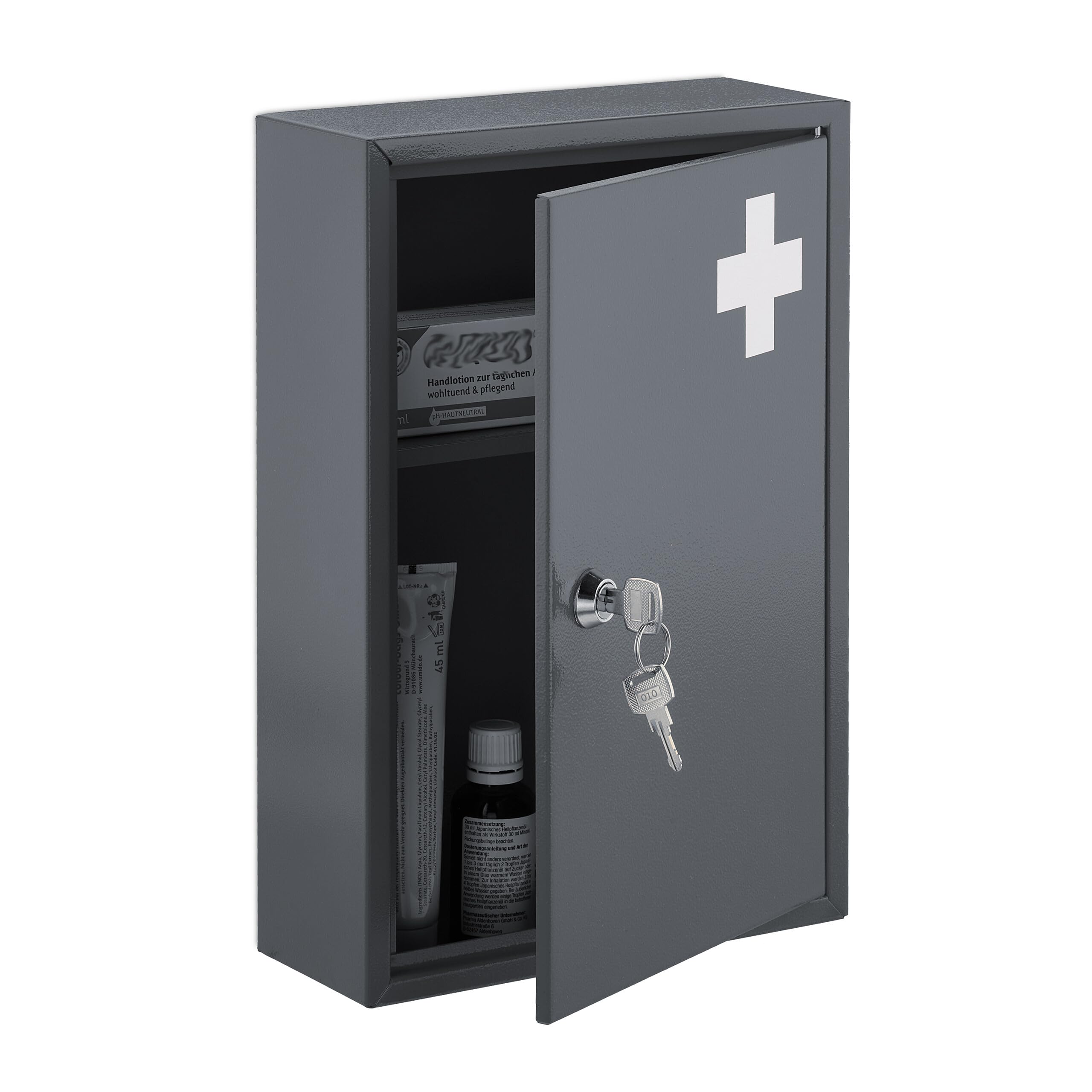 Relaxdays Lockable Medicine Cabinet – Wall Mounted Metal First Aid Cupboard