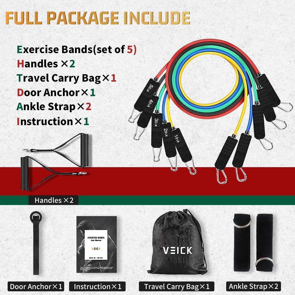 VEICK Resistance Bands Set | 5-Piece Fitness Tubes with Handles - 150lbs