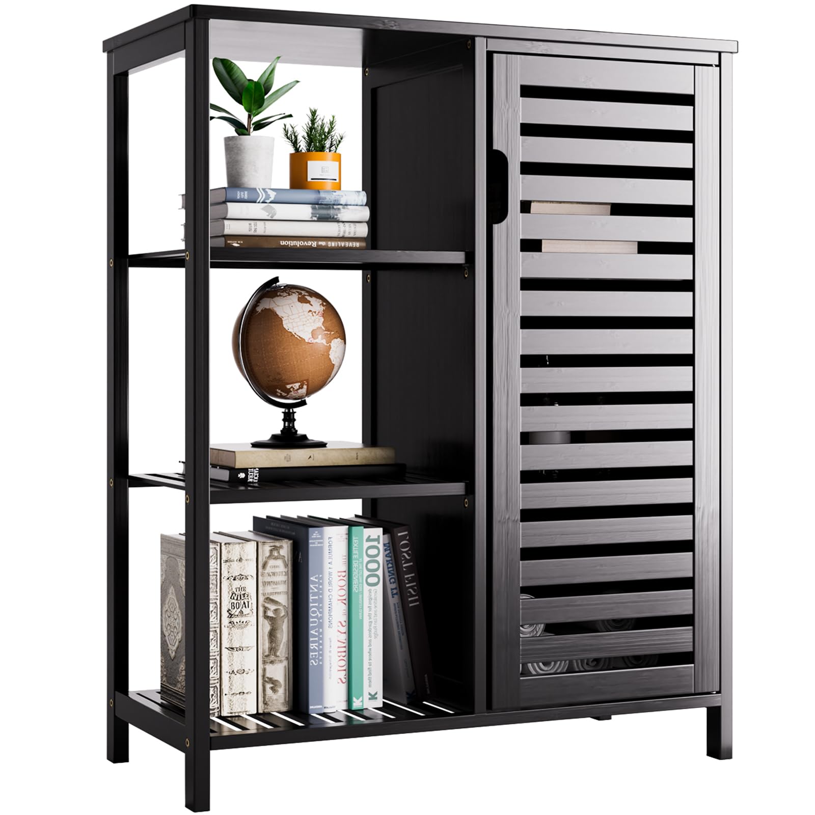 HITNET Black Bamboo Bathroom Floor Cabinet – Freestanding Storage Unit