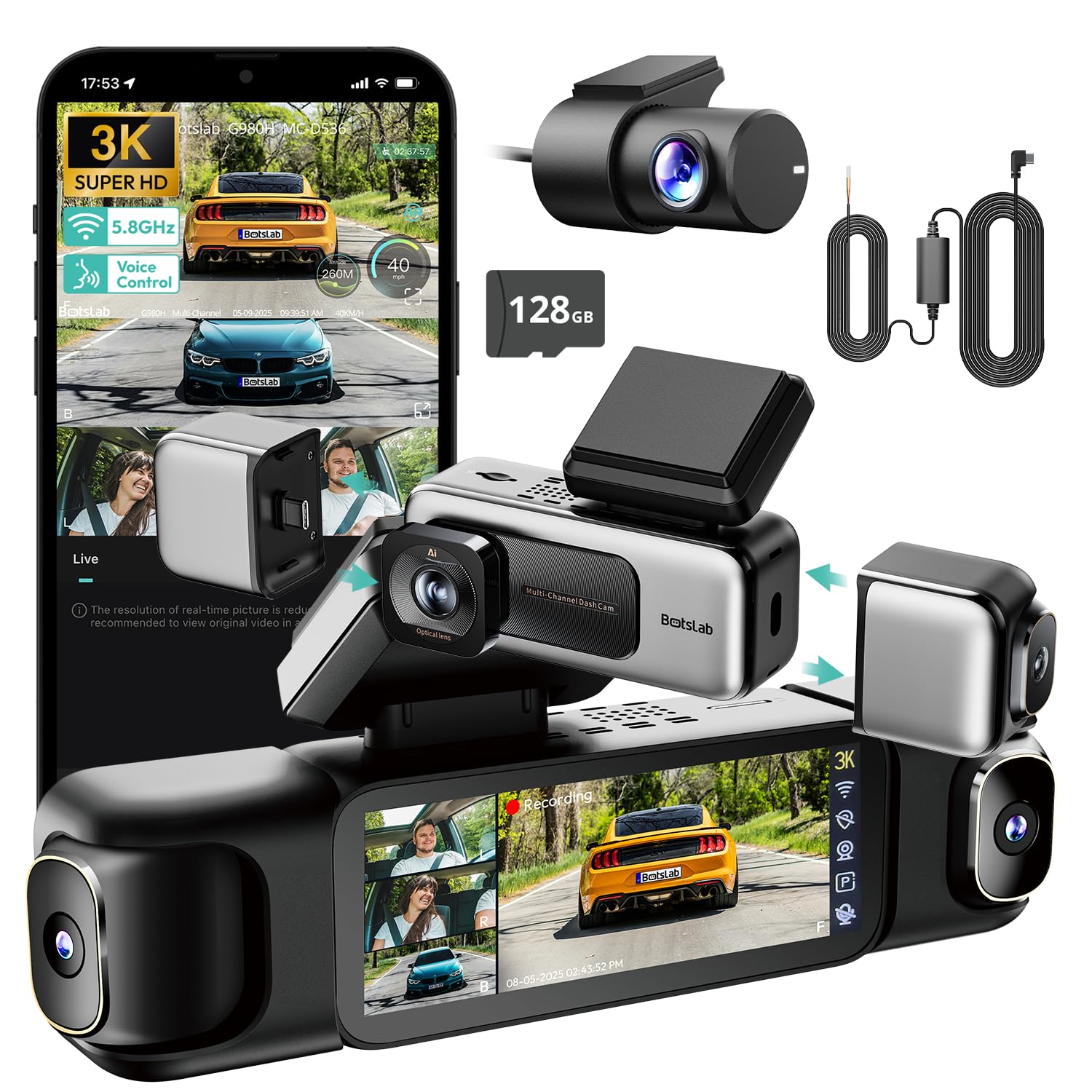 BOTSLAB 4 Channel 3K Dash Cam – 560° Wide Angle with 128GB SD Card